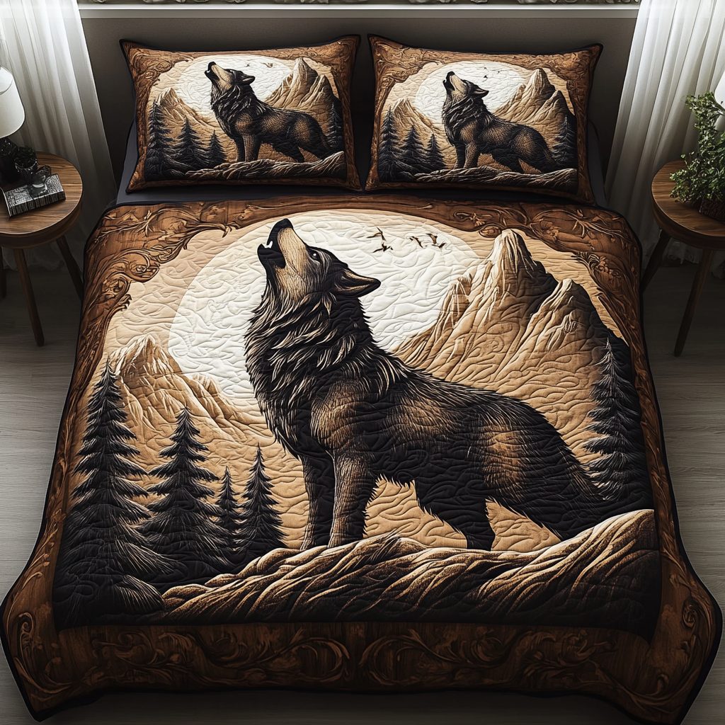 Starlit Prowler quilted 3-piece bedding set on a made bed with two matching pillow shams