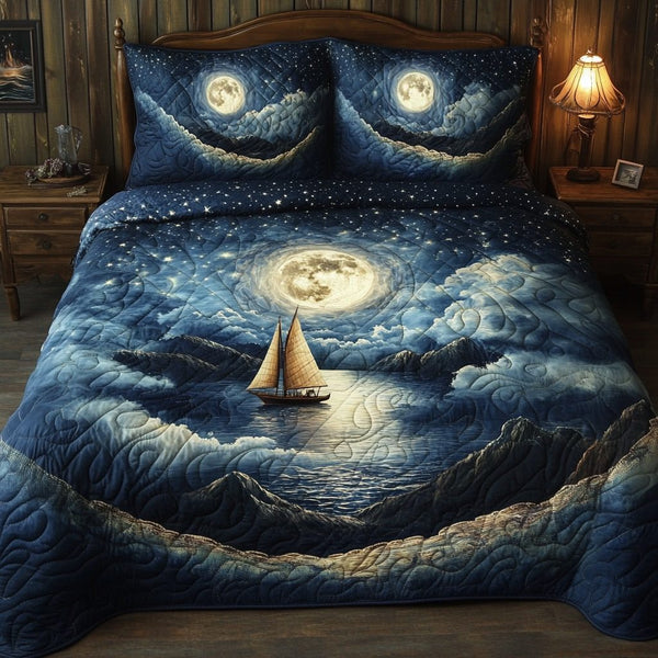 Starlit Sail quilted 3-piece bedding set on a made bed in a light coastal bedroom