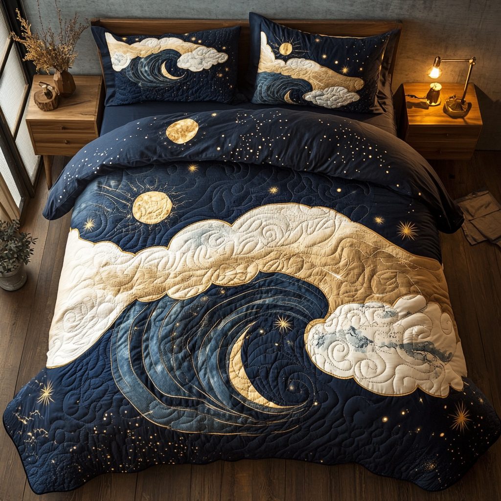 Starlit Serenity quilted 3-piece bedding set on a made bed with two matching pillow shams
