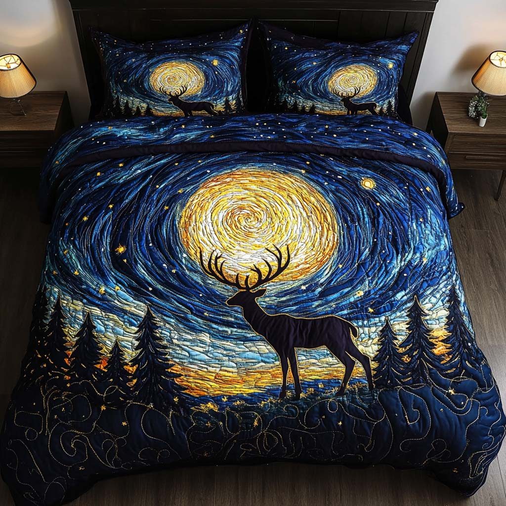 Starlit Stag quilted 3-piece bedding set on a made bed with two matching pillow shams