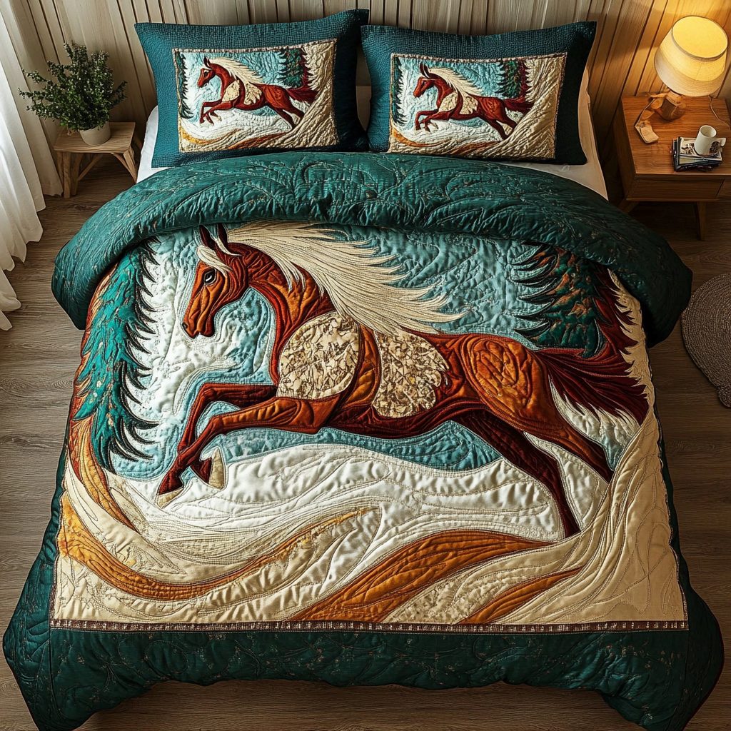 Starlit Stallion quilted 3-piece bedding set on a made bed in a rustic timber bedroom