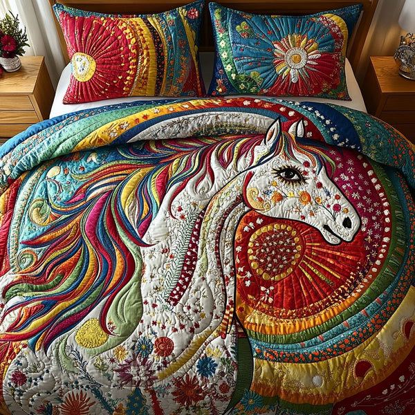 Starlit Stallion quilted 3-piece bedding set on a made bed in a rustic timber bedroom