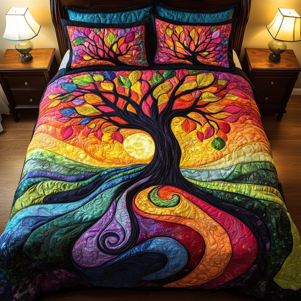 Starlit Symphony quilted 3-piece bedding set on a made bed with two matching pillow shams