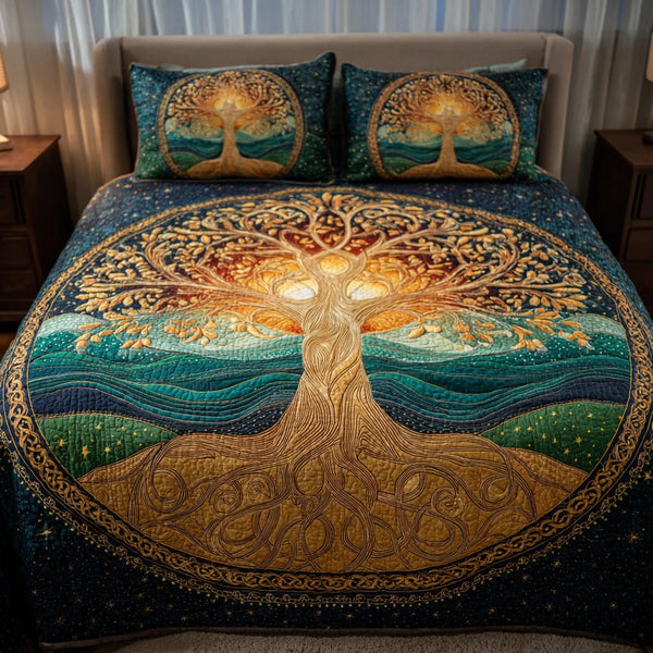 Starlit Tree quilted 3-piece bedding set on a made bed with two matching pillow shams