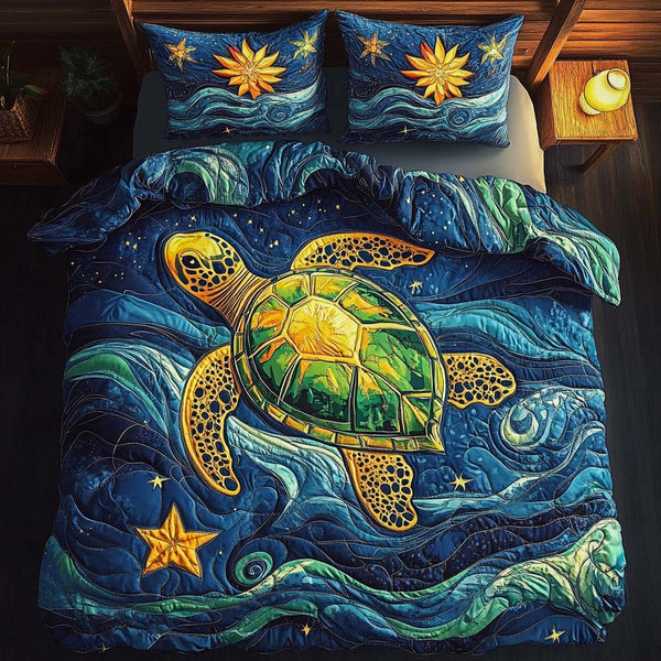 Starlit Turtle quilted 3-piece bedding set on a made bed in a light coastal bedroom