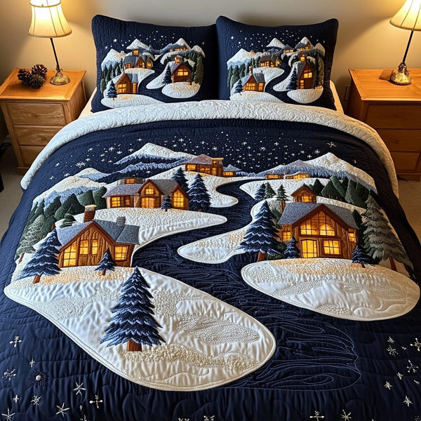 Starlit Village quilted 3-piece bedding set on a made bed with two matching pillow shams