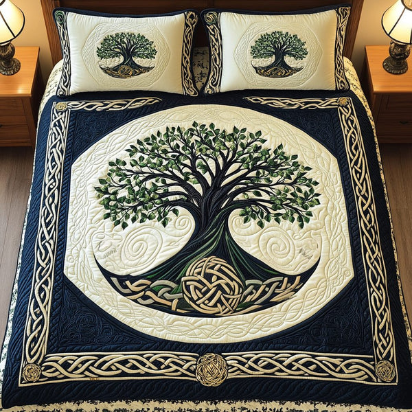 Starlit Woodland Dreams quilted 3-piece bedding set on a made bed with two matching pillow shams