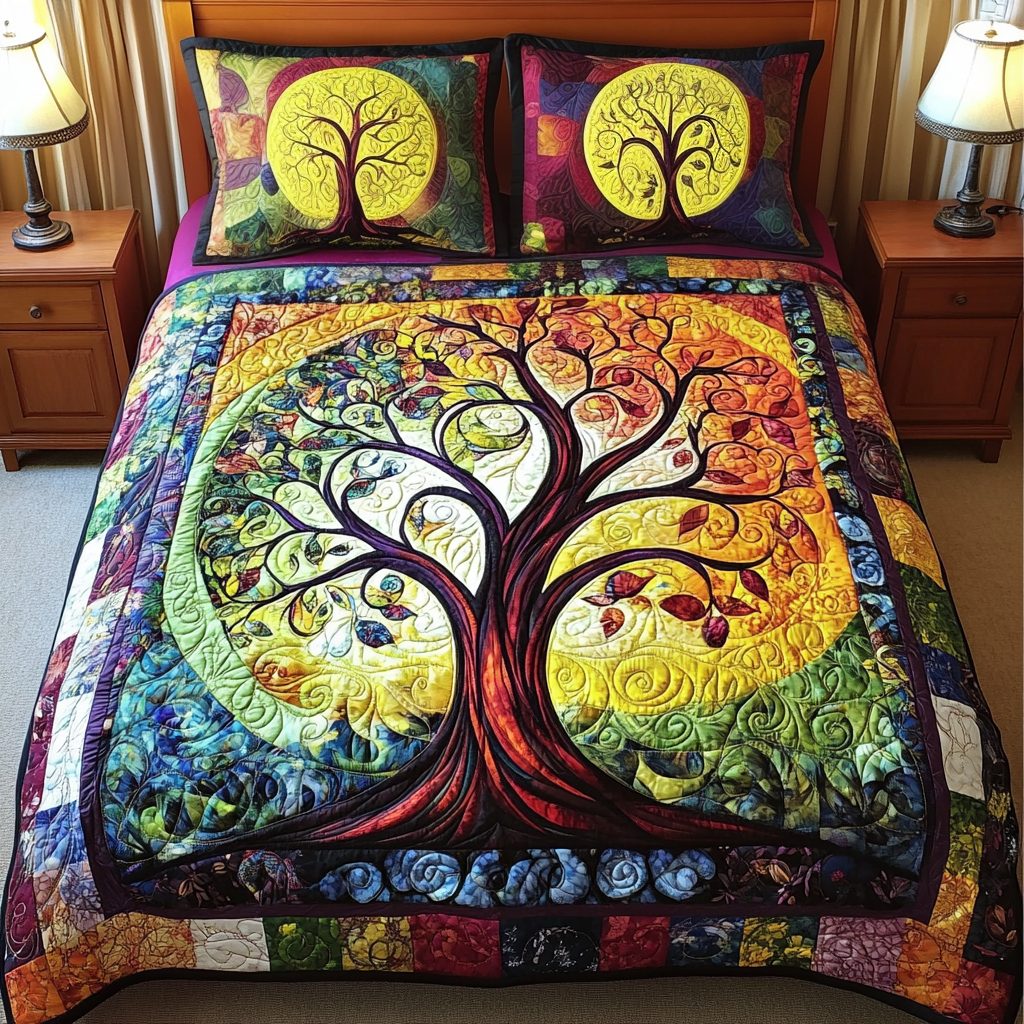 Starlit Woodland Dreams quilted 3-piece bedding set on a made bed with two matching pillow shams