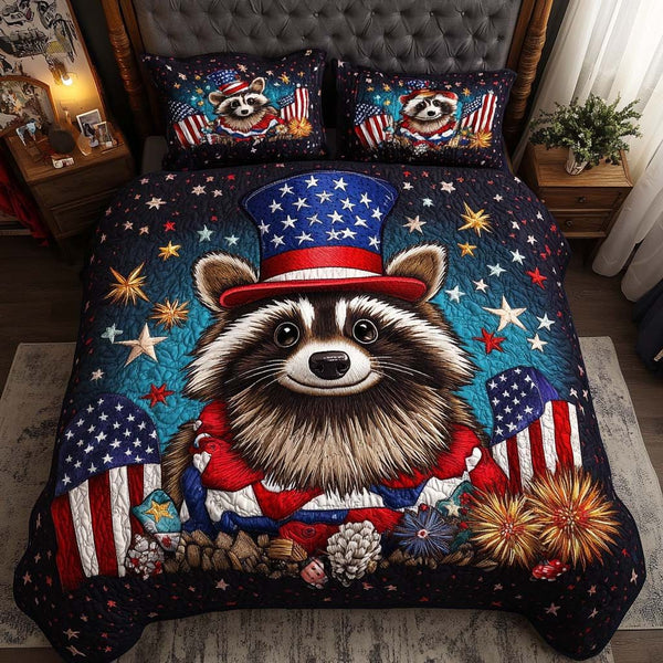 Starry Bandit quilted 3-piece bedding set on a made bed with two matching pillow shams