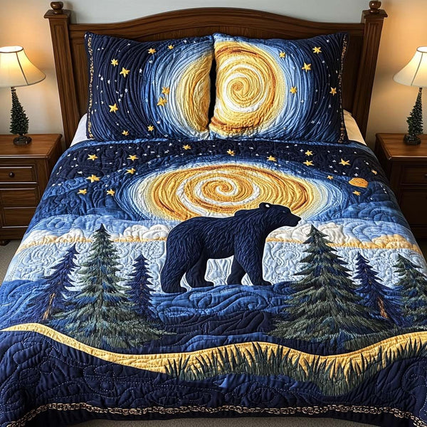 Starry Bear Walk quilted 3-piece bedding set on a made bed with two matching pillow shams