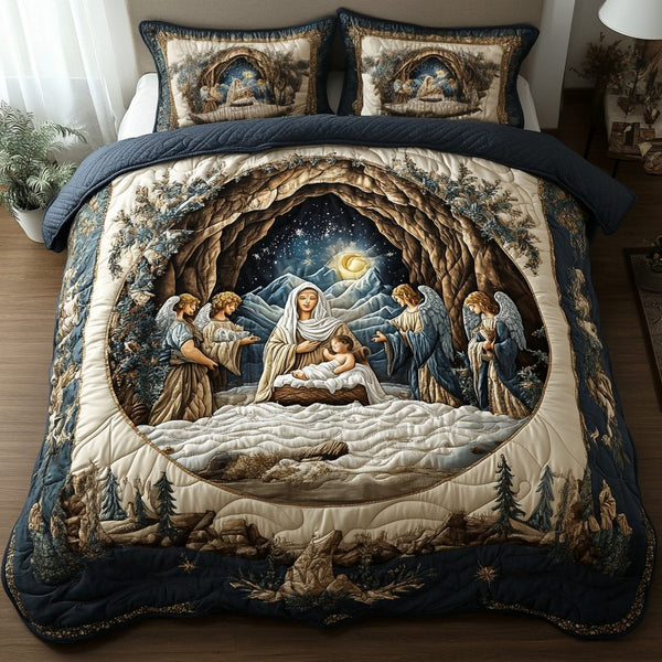Starry Blessings quilted 3-piece bedding set on a made bed with two matching pillow shams