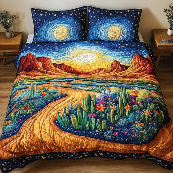 Starry Bloom quilted 3-piece bedding set on a made bed with two matching pillow shams