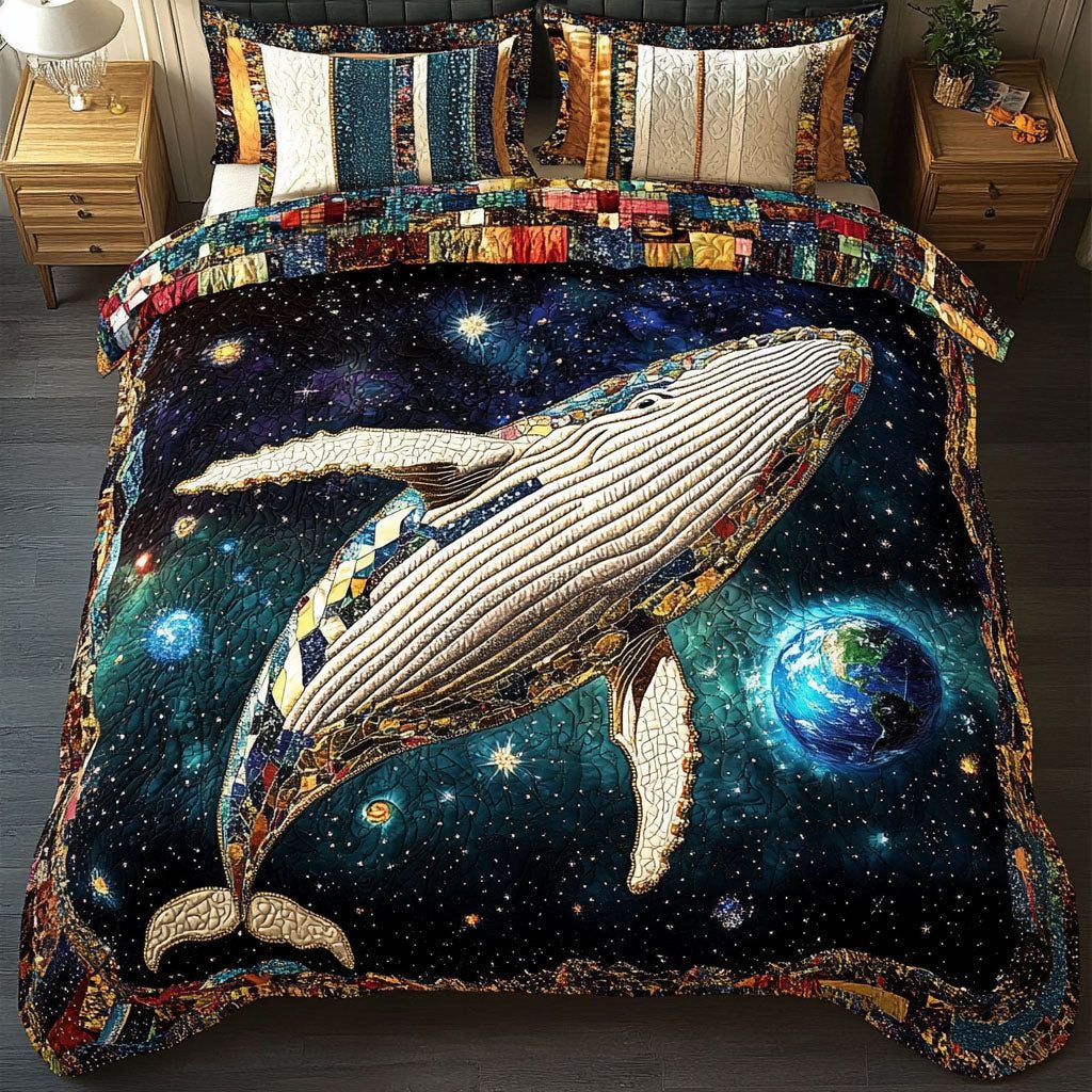Starry Blue Horizon quilted 3-piece bedding set on a made bed with two matching pillow shams