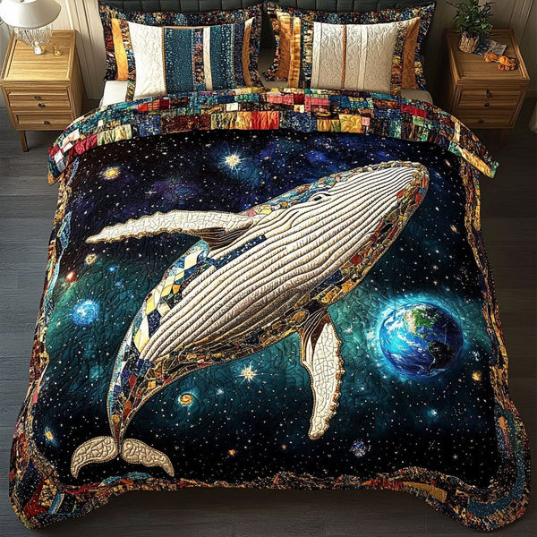 Starry Blue Horizon quilted 3-piece bedding set on a made bed with two matching pillow shams