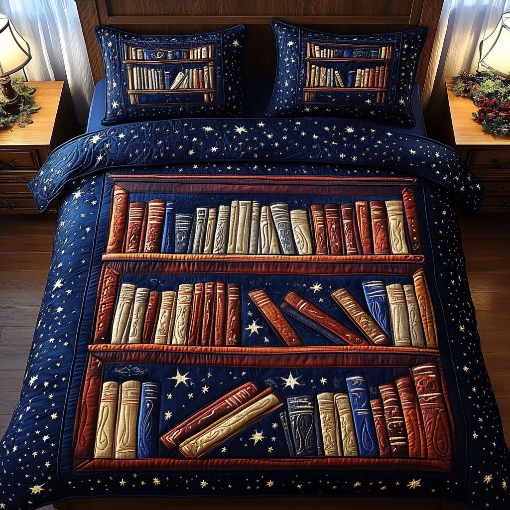 Starry Bookshelf quilted 3-piece bedding set on a made bed with two matching pillow shams