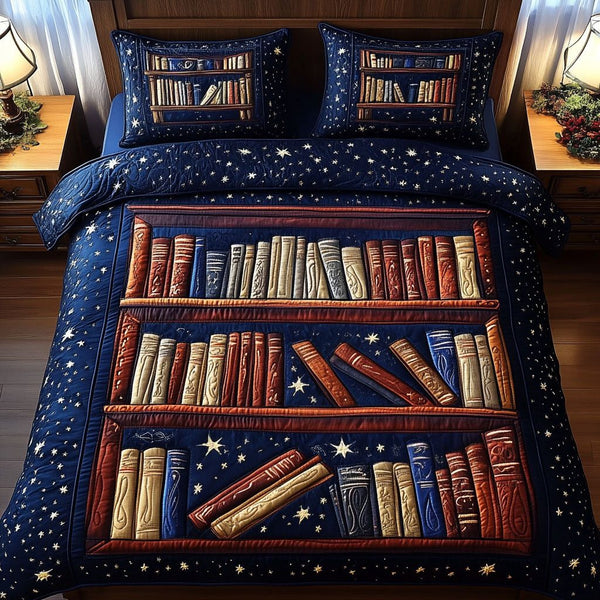 Starry Bookshelf quilted 3-piece bedding set on a made bed with two matching pillow shams