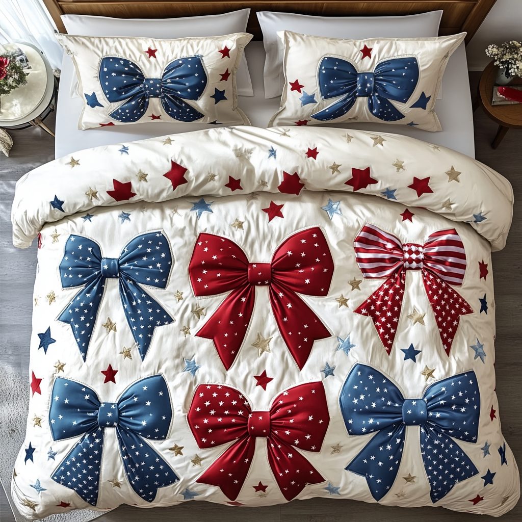 Starry Bows quilted 3-piece bedding set on a made bed with two matching pillow shams