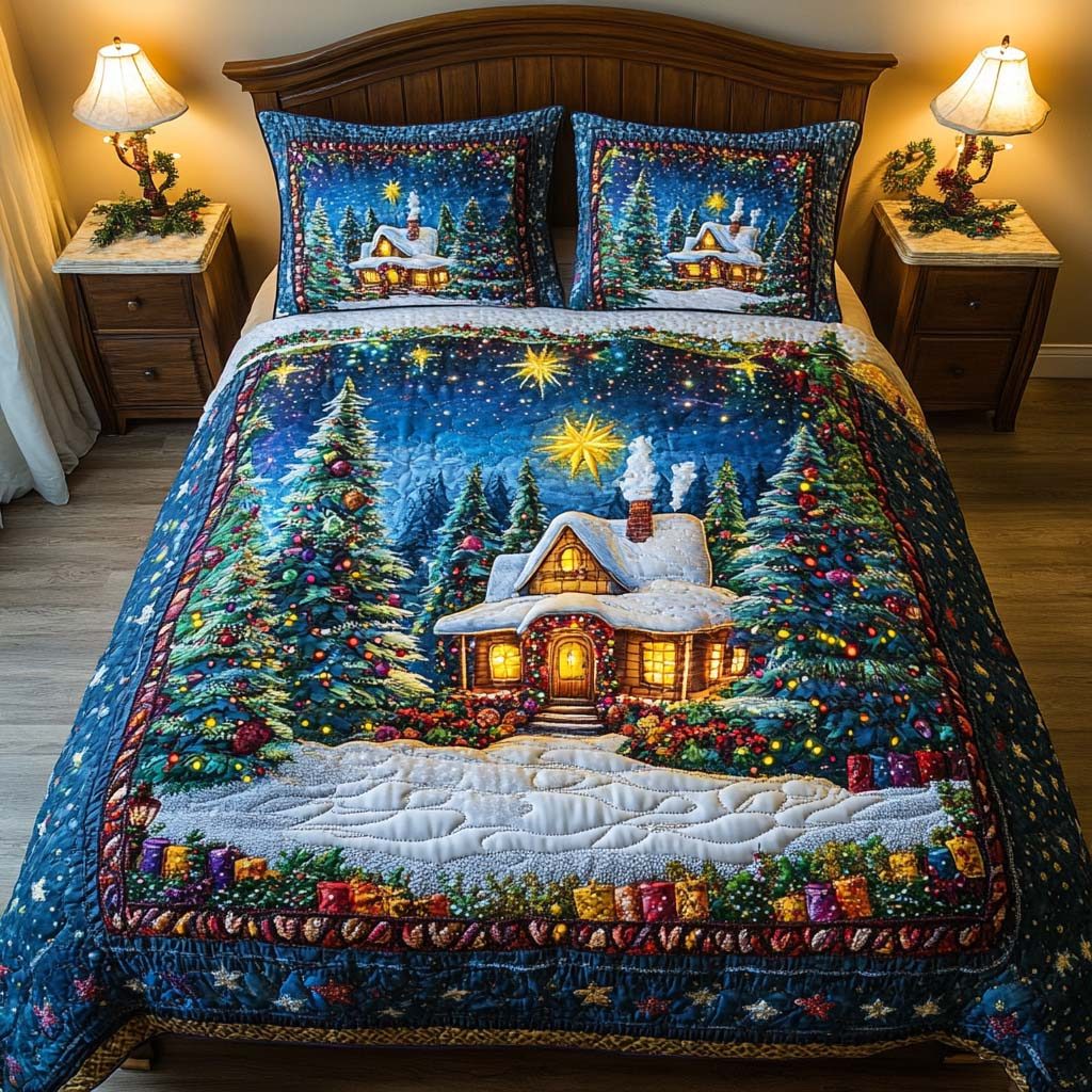 Starry Cabin quilted 3-piece bedding set on a made bed with two matching pillow shams