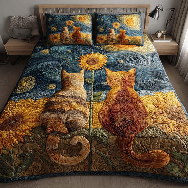 Starry Cat Realm quilted 3-piece bedding set on a made bed with two matching pillow shams