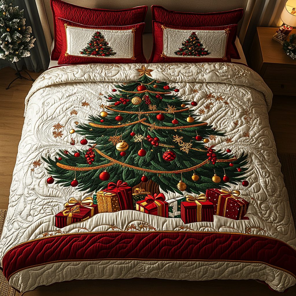 Starry Christmas quilted 3-piece bedding set on a made bed in a winter-styled bedroom