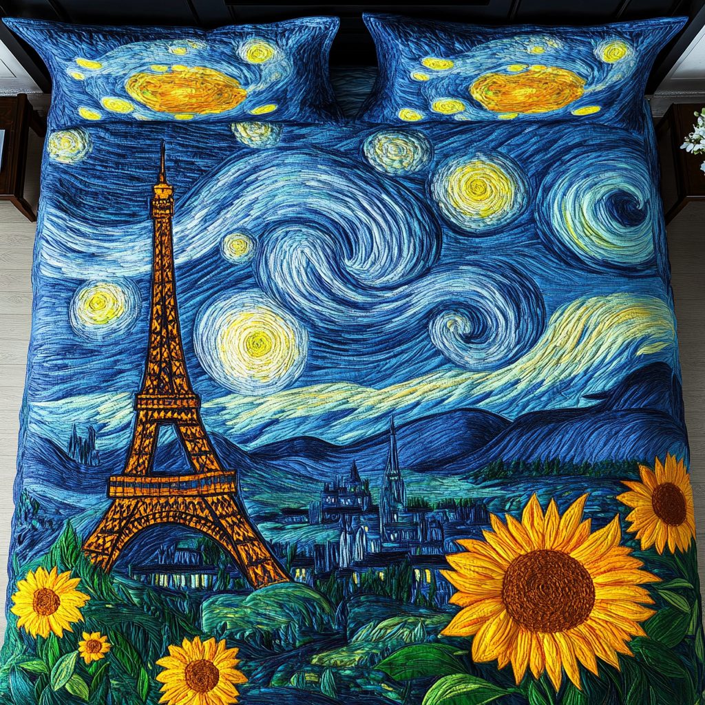 Starry Eiffel quilted 3-piece bedding set on a made bed with two matching pillow shams