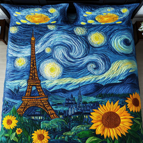 Starry Eiffel quilted 3-piece bedding set on a made bed with two matching pillow shams