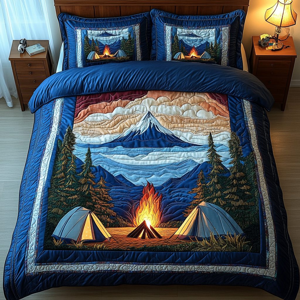 Starry Escape quilted 3-piece bedding set on a made bed with two matching pillow shams