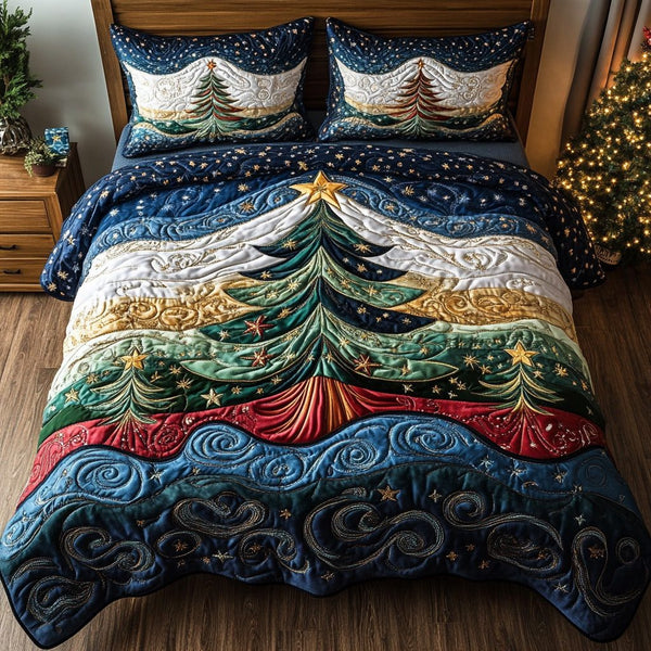 Starry Evergreen quilted 3-piece bedding set on a made bed with two matching pillow shams