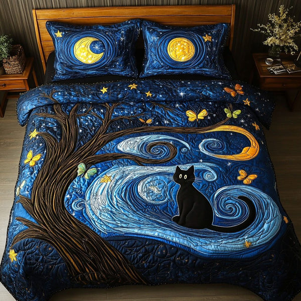 Starry-eyed Kitty quilted 3-piece bedding set on a made bed with two matching pillow shams