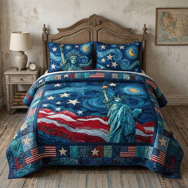 Starry Freedom Night quilted 3-piece bedding set on a made bed in a warmly lit bedroom