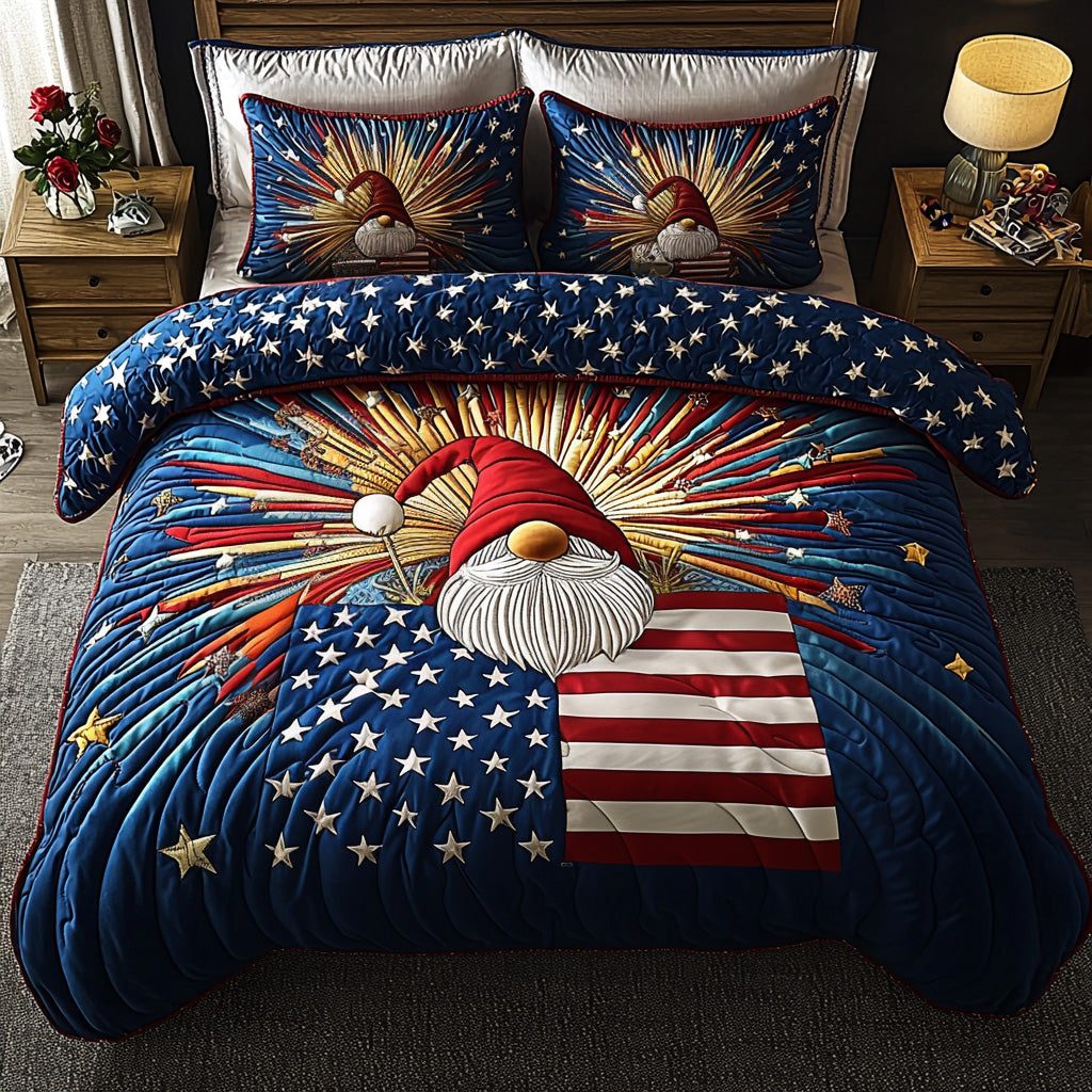Starry Freedom quilted 3-piece bedding set on a made bed in a warmly lit bedroom