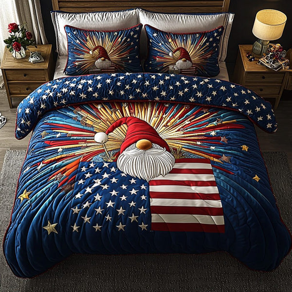 Starry Freedom quilted 3-piece bedding set on a made bed in a warmly lit bedroom