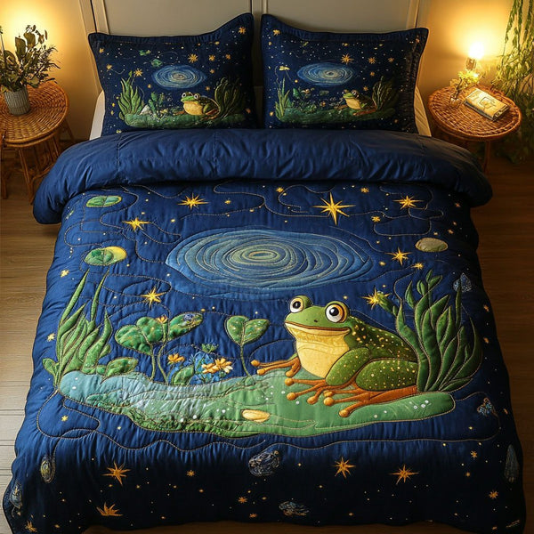 Starry Frog Pond quilted 3-piece bedding set on a made bed with two matching pillow shams