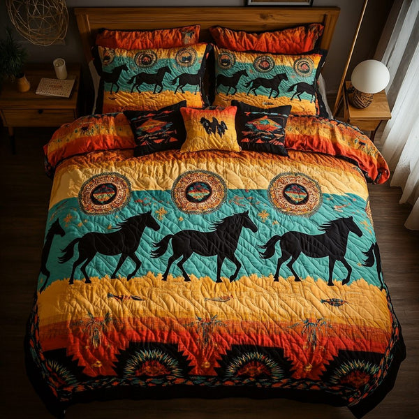 Starry Gallop quilted 3-piece bedding set on a made bed with two matching pillow shams