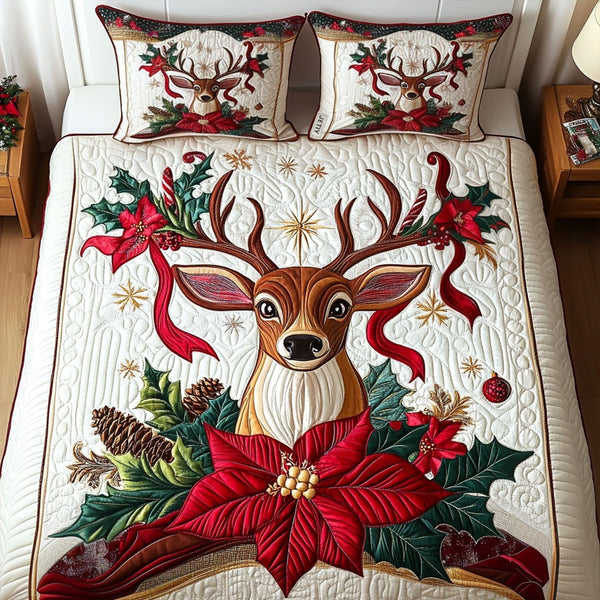 Starry Holiday quilted 3-piece bedding set on a made bed in a winter-styled bedroom