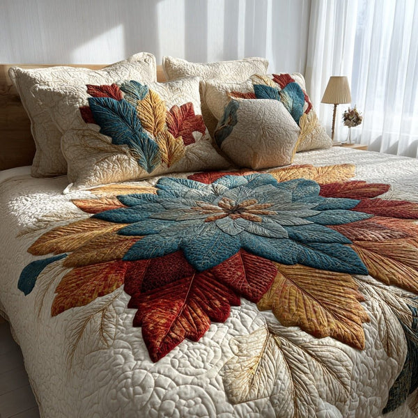 Starry Leaf Foliage quilted 3-piece bedding set on a made bed with two matching pillow shams