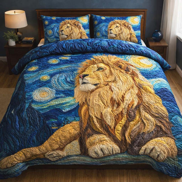 Starry Lion quilted 3-piece bedding set on a made bed with two matching pillow shams