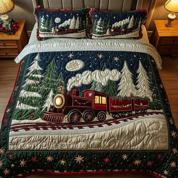 Starry Locomotive quilted 3-piece bedding set on a made bed with two matching pillow shams