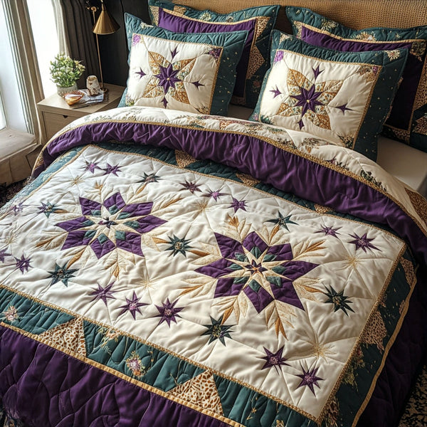 Starry Meadow quilted 3-piece bedding set on a made bed with two matching pillow shams