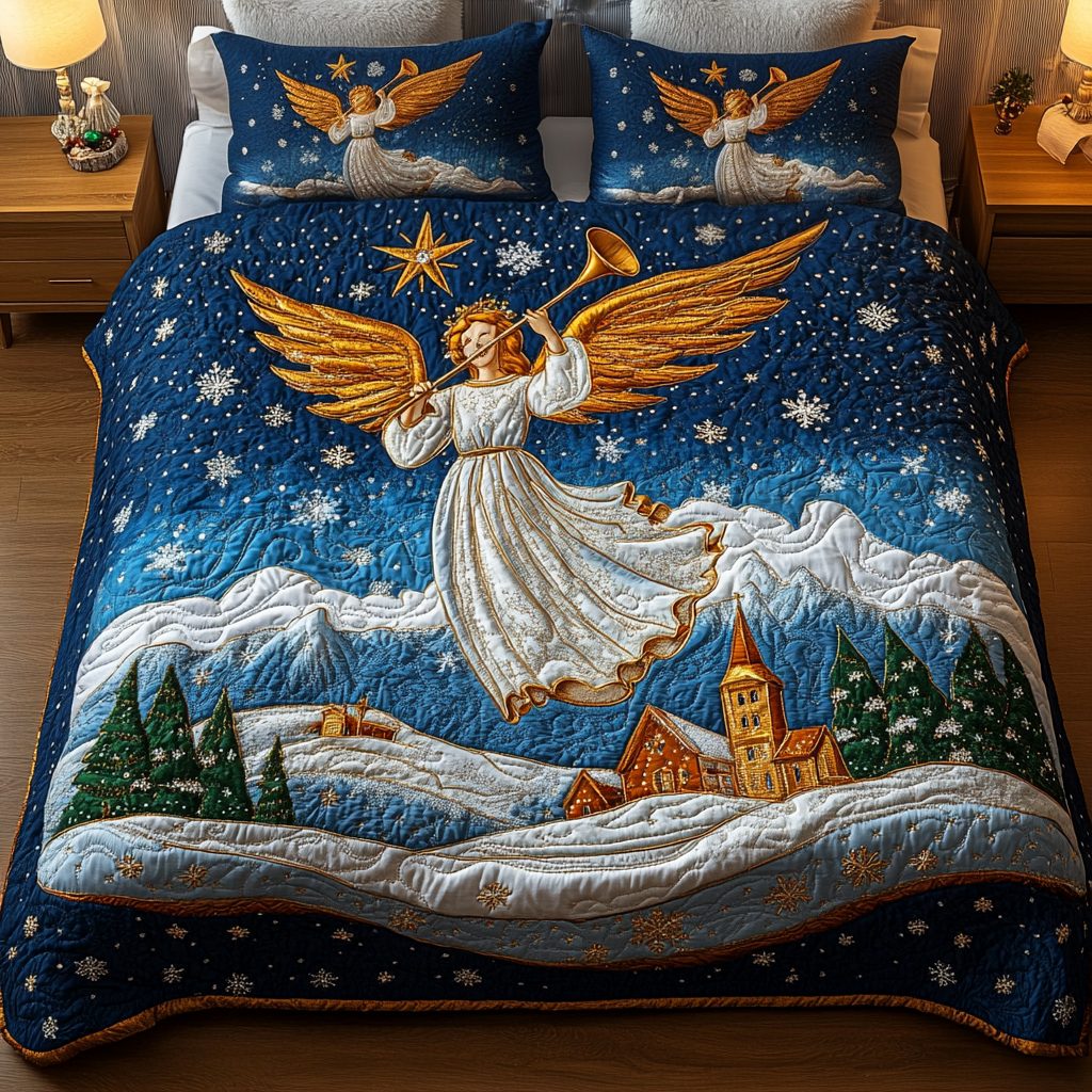Starry Messenger quilted 3-piece bedding set on a made bed with two matching pillow shams