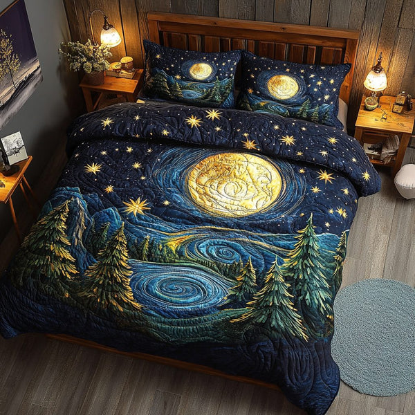 Starry Moonlight quilted 3-piece bedding set on a made bed with two matching pillow shams