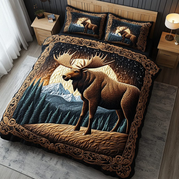 Starry Moose quilted 3-piece bedding set on a made bed with two matching pillow shams