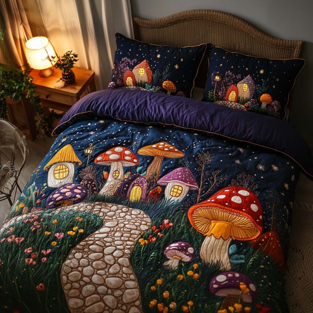Starry Mushroom Trail quilted 3-piece bedding set on a made bed with two matching pillow shams