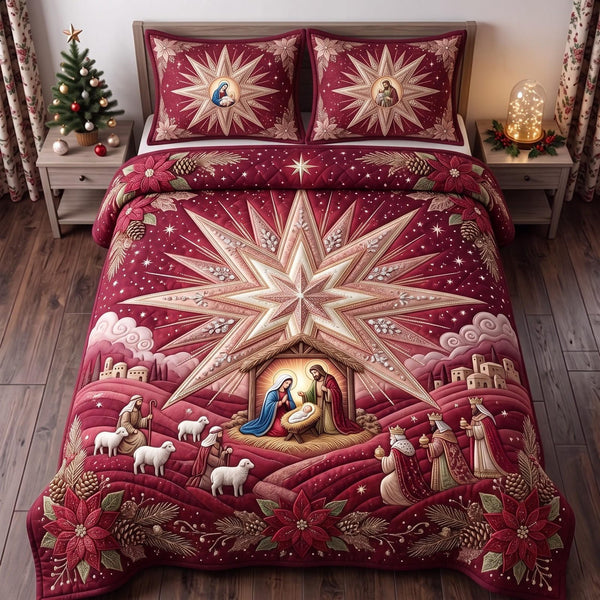 Starry Nativity quilted 3-piece bedding set on a made bed in a winter-styled bedroom