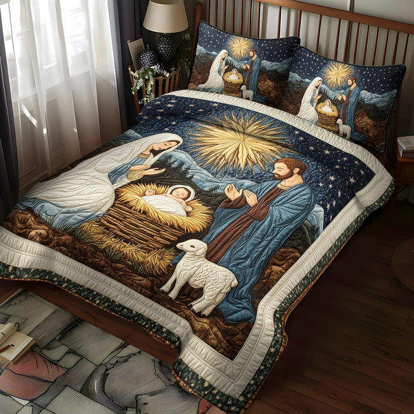 Starry Nativity Wonder quilted 3-piece bedding set on a made bed in a winter-styled bedroom