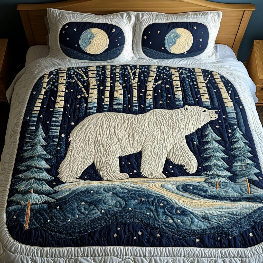 Starry Night Bear quilted 3-piece bedding set on a made bed with two matching pillow shams