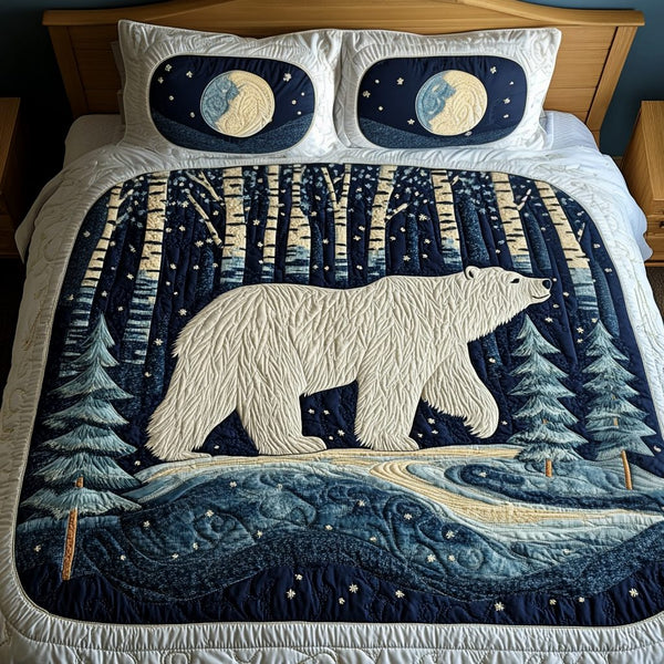 Starry Night Bear quilted 3-piece bedding set on a made bed with two matching pillow shams