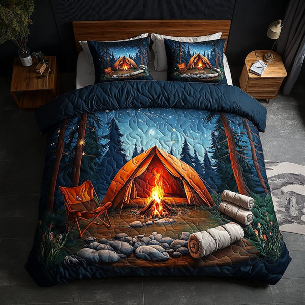 Starry Night Camp quilted 3-piece bedding set on a made bed with two matching pillow shams