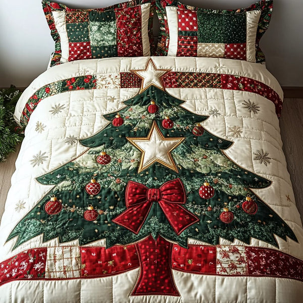 Starry Night quilted 3-piece bedding set on a made bed with two matching pillow shams