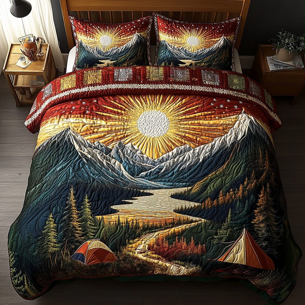 Starry Night quilted 3-piece bedding set on a made bed with two matching pillow shams